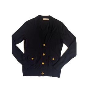 TORY BURCH Women’s 100% Merino Wool Cardigan Navy Blue W/Gold Logo Buttons Small